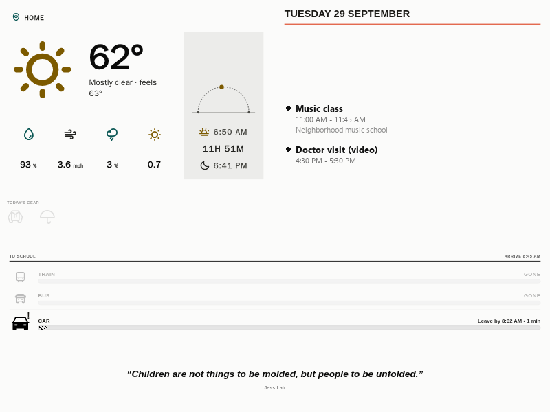 The On Cue e-ink display by the door: weather, today's gear, and a To School countdown where the train and bus are already gone and the car bar is still running.